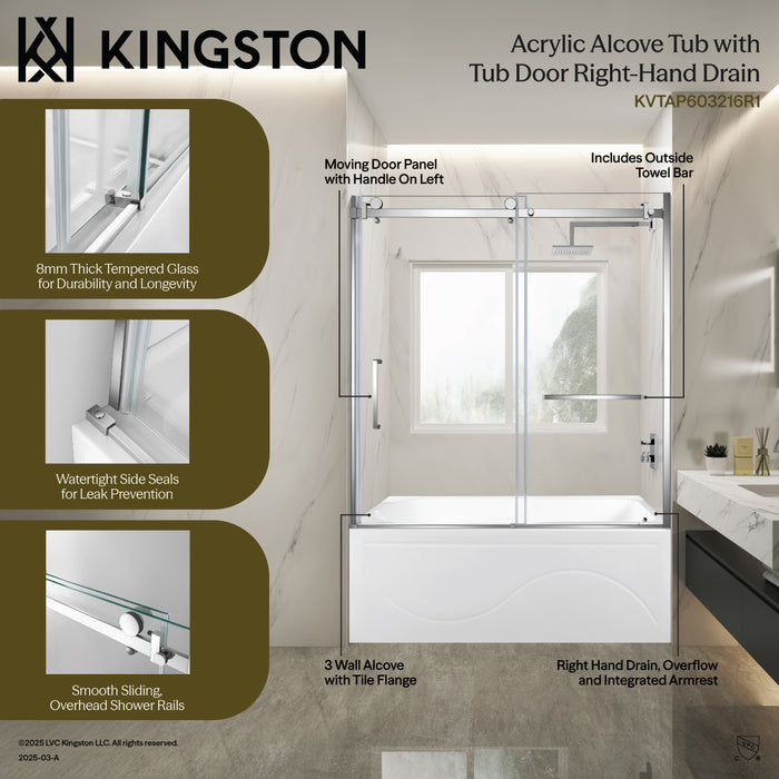 Kingston Tulare KVTAP603216R860-Inch Acrylic Rectangular 3-Wall Anti-Skid Alcove Tub Combo with Tub Door (Right Hand Drain), White/Brushed Nickel