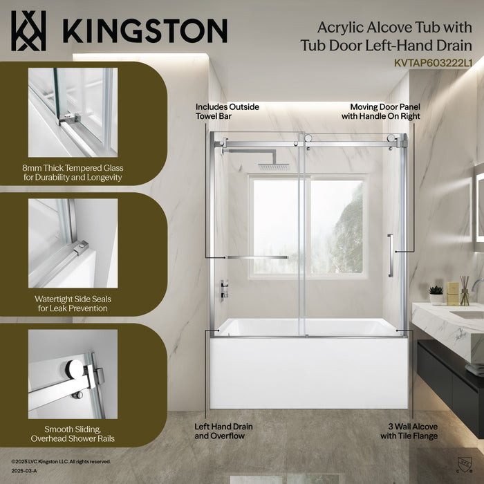 KVTAP603222L1 60-Inch Acrylic Rectangular 3-Wall Alcove Tub Combo with Tub Door (Left Hand Drain), White/Polished Chrome