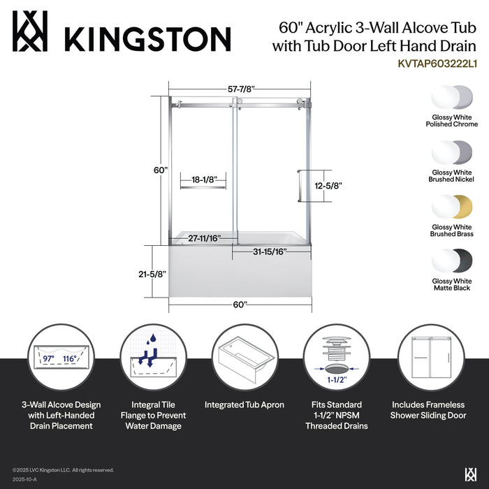 Kingston Tulare KVTAP603222L760-Inch Acrylic Rectangular 3-Wall Alcove Tub Combo with Tub Door (Left Hand Drain), White/Brushed Brass