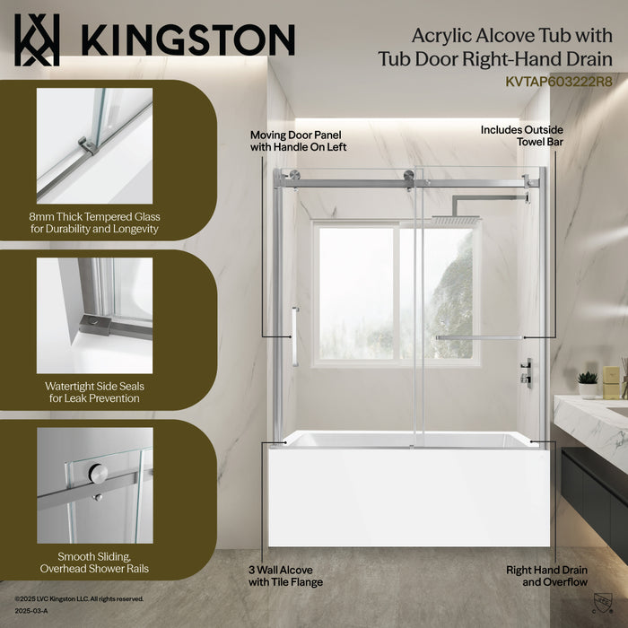 Kingston Tulare KVTAP603222R160-Inch Acrylic Rectangular 3-Wall Alcove Tub Combo with Tub Door (Right Hand Drain), White/Polished Chrome