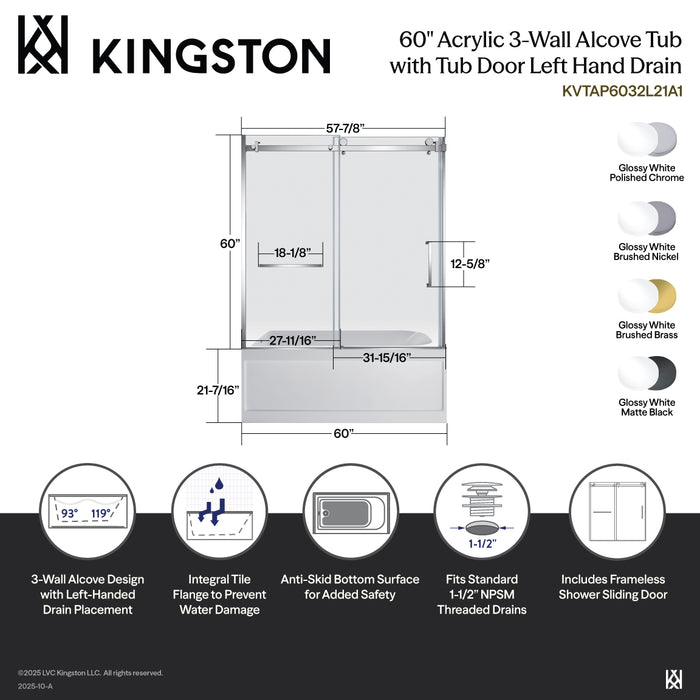 KVTAP6032L21A7 60-Inch Acrylic Rectangular 3-Wall Anti-Skid Alcove Tub Combo with Tub Door (Left Hand Drain), White/Brushed Brass