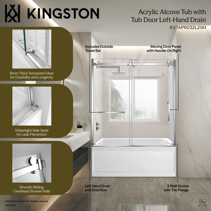 Kingston Tulare KVTAP6032L21A860-Inch Acrylic Rectangular 3-Wall Anti-Skid Alcove Tub Combo with Tub Door (Left Hand Drain), White/Brushed Nickel