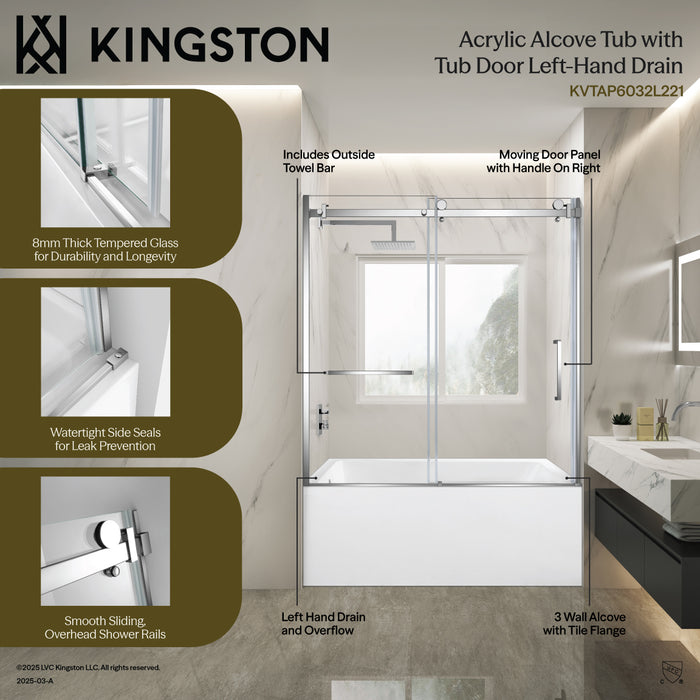 Kingston Tulare KVTAP6032L22860-Inch Acrylic Rectangular 3-Wall Alcove Tub Combo with Tub Door (Left Hand Drain), White/Brushed Nickel