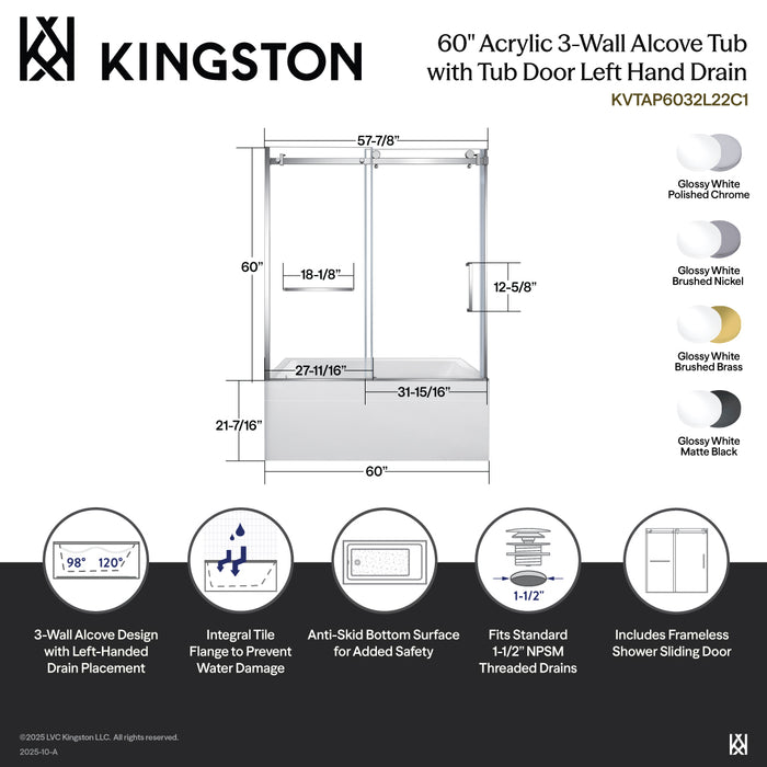 Kingston Tulare KVTAP6032L22C860-Inch Acrylic Rectangular 3-Wall Anti-Skid Alcove Tub Combo with Tub Door (Left Hand Drain), White/Brushed Nickel