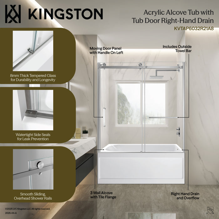 Kingston Tulare KVTAP6032R21A160-Inch Acrylic Rectangular 3-Wall Anti-Skid Alcove Tub Combo with Tub Door (Right Hand Drain), White/Polished Chrome