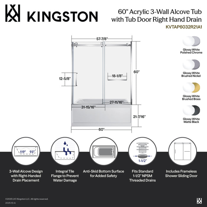 Kingston Tulare KVTAP6032R21A760-Inch Acrylic Rectangular 3-Wall Anti-Skid Alcove Tub Combo with Tub Door (Right Hand Drain), White/Brushed Brass