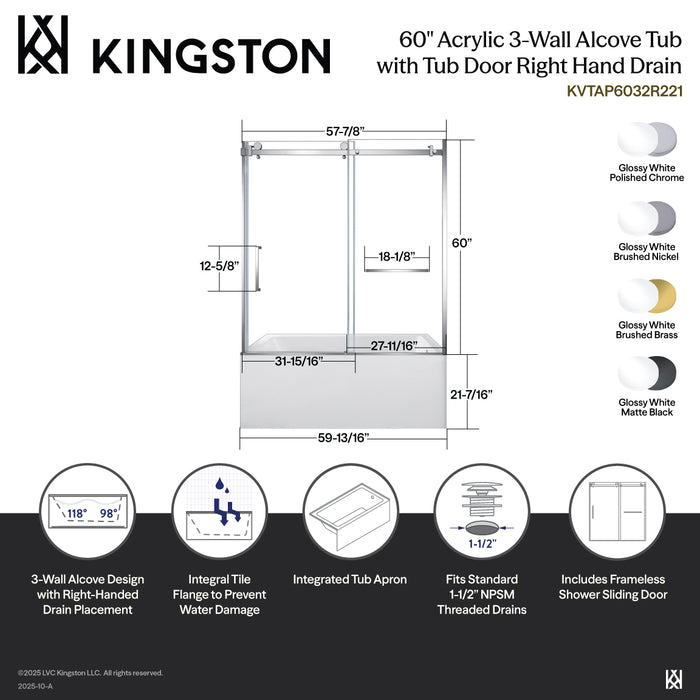 Kingston Tulare KVTAP6032R22760-Inch Acrylic Rectangular 3-Wall Alcove Tub Combo with Tub Door (Right Hand Drain), White/Brushed Brass