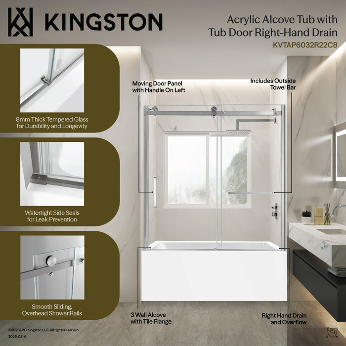 Kingston Tulare KVTAP6032R22C760-Inch Acrylic Rectangular 3-Wall Anti-Skid Alcove Tub Combo with Tub Door (Right Hand Drain), White/Brushed Brass