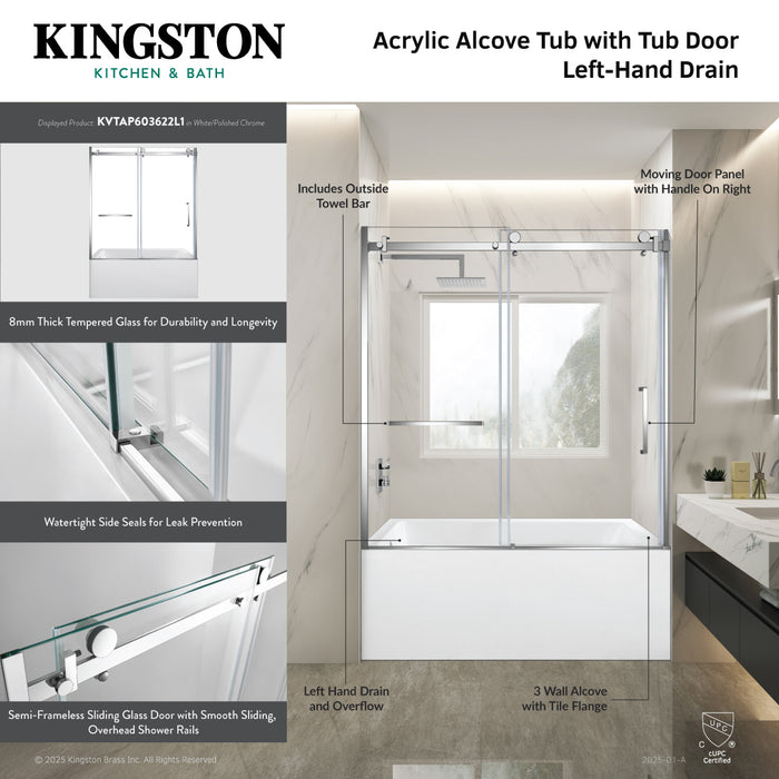 KVTAP603622L1 60-Inch Acrylic Rectangular 3-Wall Alcove Tub Combo with Tub Door (Left Hand Drain), White/Polished Chrome