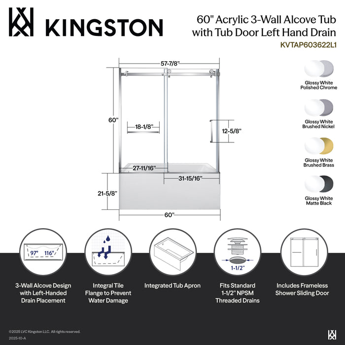 KVTAP603622L1 60-Inch Acrylic Rectangular 3-Wall Alcove Tub Combo with Tub Door (Left Hand Drain), White/Polished Chrome