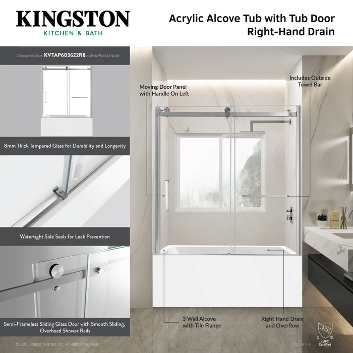 Kingston Tulare KVTAP603622R760-Inch Acrylic Rectangular 3-Wall Alcove Tub Combo with Tub Door (Right Hand Drain), White/Brushed Brass