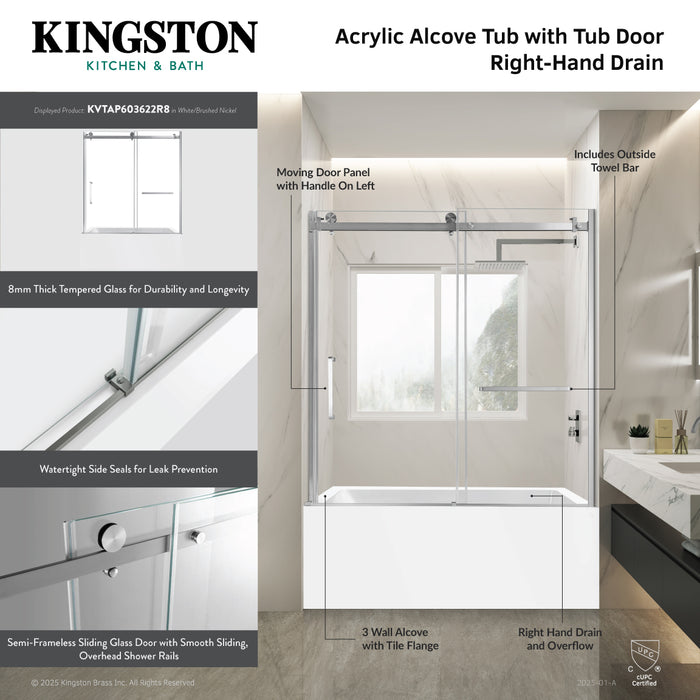 Kingston Tulare KVTAP603622R860-Inch Acrylic Rectangular 3-Wall Alcove Tub Combo with Tub Door (Right Hand Drain), White/Brushed Nickel