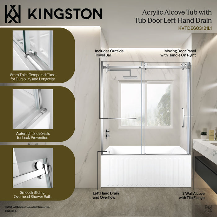 Kingston Tulare KVTDE603121L060-Inch Acrylic Rectangular 3-Wall Alcove Tub Combo with Tub Door (Left Hand Drain), White/Matte Black