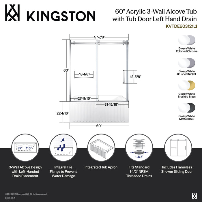 Kingston Tulare KVTDE603121L060-Inch Acrylic Rectangular 3-Wall Alcove Tub Combo with Tub Door (Left Hand Drain), White/Matte Black