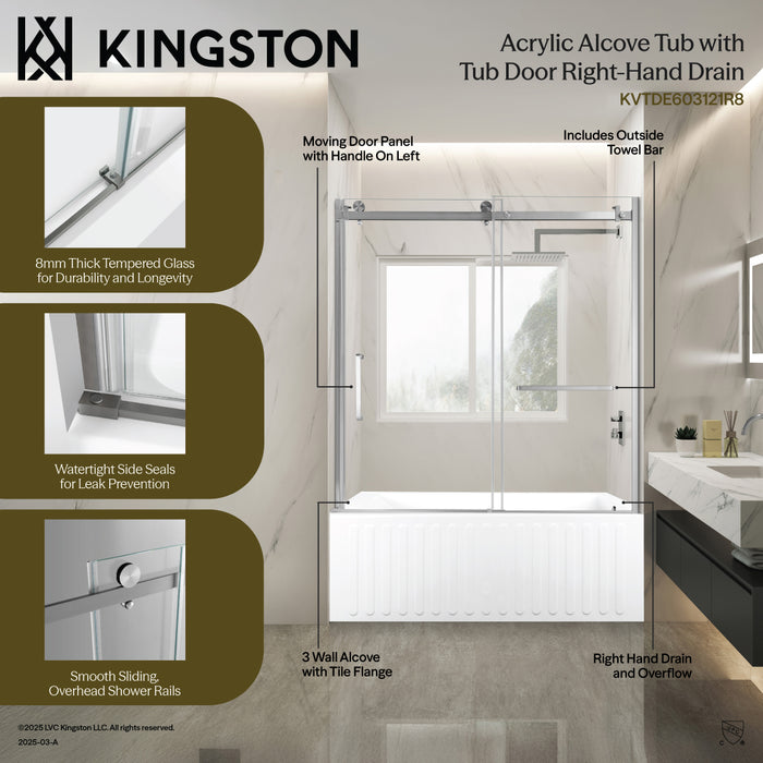 Kingston Tulare KVTDE603121R760-Inch Acrylic Rectangular 3-Wall Alcove Tub Combo with Tub Door (Right Hand Drain), White/Brushed Brass