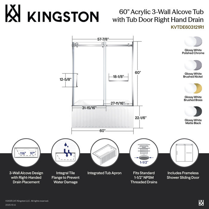 Kingston Tulare KVTDE603121R760-Inch Acrylic Rectangular 3-Wall Alcove Tub Combo with Tub Door (Right Hand Drain), White/Brushed Brass