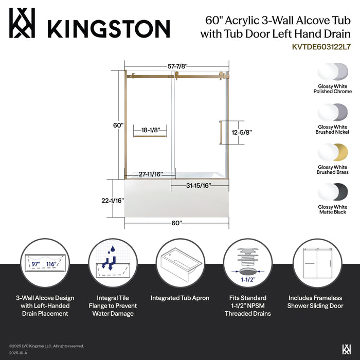 KVTDE603122L1 60-Inch Acrylic Rectangular 3-Wall Alcove Tub Combo with Tub Door (Left Hand Drain), White/Polished Chrome