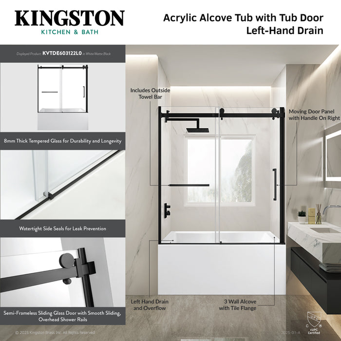 KVTDE603122L7 60-Inch Acrylic Rectangular 3-Wall Alcove Tub Combo with Tub Door (Left Hand Drain), White/Brushed Brass