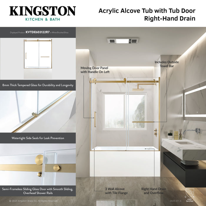 KVTDE603122R0 60-Inch Acrylic Rectangular 3-Wall Alcove Tub Combo with Tub Door (Right Hand Drain), White/Matte Black