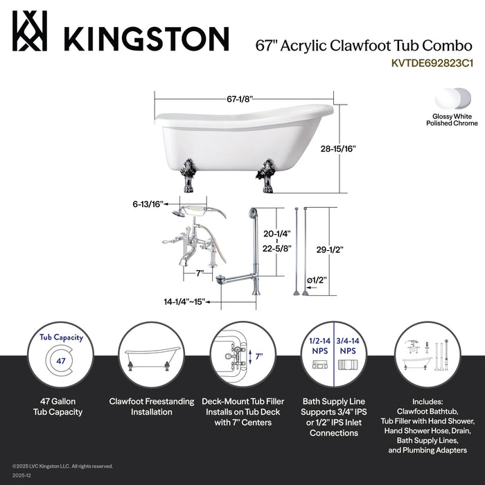 Kingston Heirloom KVTDE692823C1 - Aqua Eden 67-Inch Acrylic Oval Single Slipper Clawfoot Tub with Faucet, Drain and Supply Lines Combo, Glossy White/Polished Chrome