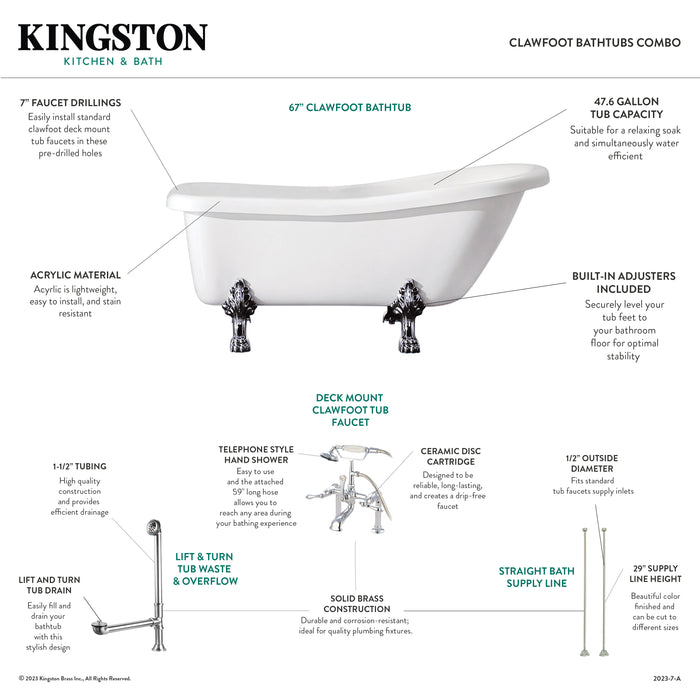 Kingston Heirloom KVTDE692823C1 - Aqua Eden 67-Inch Acrylic Oval Single Slipper Clawfoot Tub with Faucet, Drain and Supply Lines Combo, Glossy White/Polished Chrome