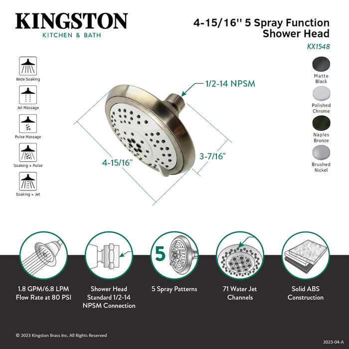 Kingston Vilbosch KX1548 5-Inch Round 5-Function ABS Shower Head, Brushed Nickel