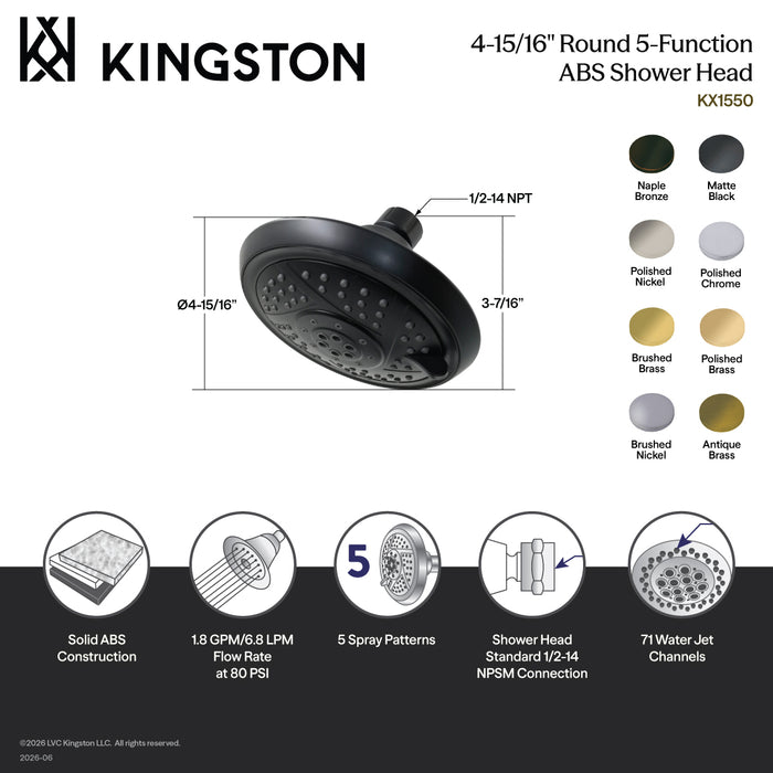 Kingston Tulare KX1556PN - Vilbosch 5-Inch Round 5-Function ABS Shower Head, Polished Nickel