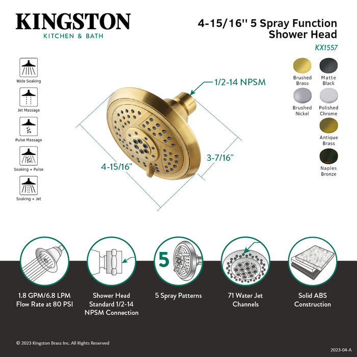 Kingston Tulare KX1557 - Vilbosch 5-Inch Round 5-Function ABS Shower Head, Brushed Brass