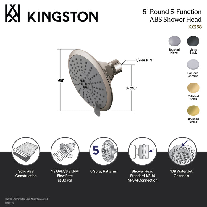 Kingston Tulare KX250 - Shower Scape 5-Inch Round 5-Function ABS Shower Head, Matte Black