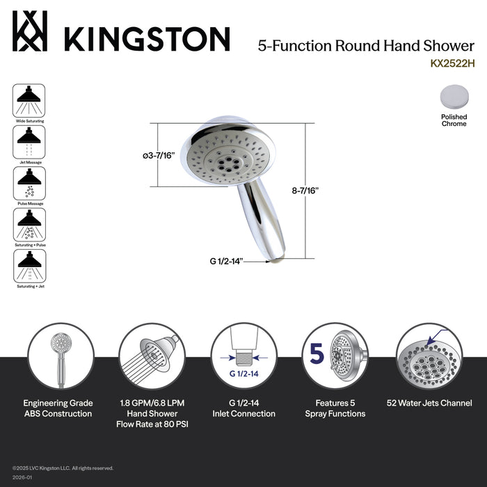Kingston Vilbosch KX2522H 5-Function Round Hand Shower, Polished Chrome