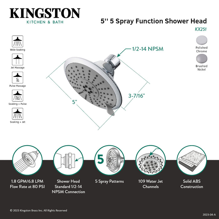 Kingston Tulare KX258 - Shower Scape 5-Inch Round 5-Function ABS Shower Head, Brushed Nickel