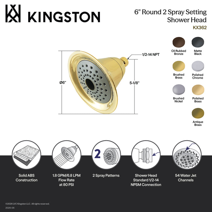 Kingston Tulare KX363 - Shower Scape 6-Inch Round 2-Function ABS Shower Head, Antique Brass
