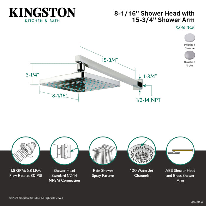 Kingston Sona KX4648CK - Claremont 8-Inch Square Raindrop ABS Shower Head with 15-3/4 Inch Shower Arm, Brushed Nickel