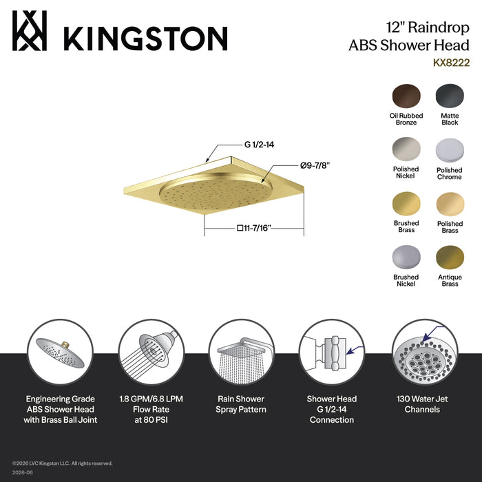Kingston Sona KX8228 - Claremont 12-Inch Square Raindrop ABS Shower Head, Brushed Nickel