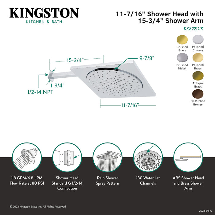 Kingston Sona KX8228CK - Claremont 12-Inch Square Rainfall ABS Shower Head with 15-3/4 Inch Shower Arm, Brushed Nickel