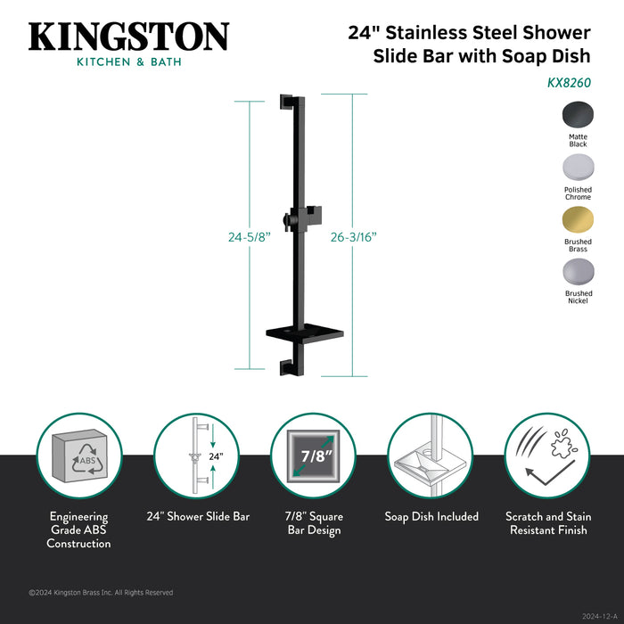 Kingston Sona KX8260 - Claremont 24-Inch Stainless Steel Shower Slide Bar with Soap Dish, Matte Black