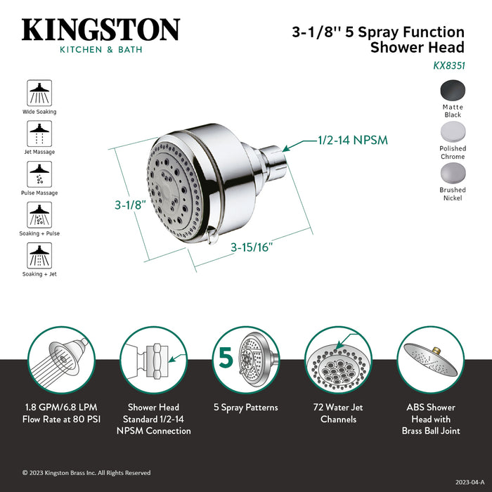 Kingston Tulare KX8358 - Vilbosch 3-1/8 Inch Round 5-Function ABS Shower Head, Brushed Nickel