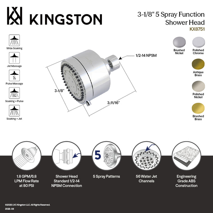 Vilbosch KX8757 3-Inch Round 5-Function ABS Shower Head, Brushed Brass