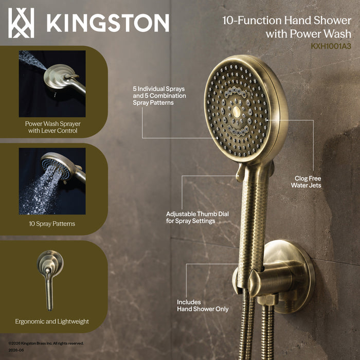 Kingston Regal KXH1001A1 10-Function Hand Shower with Power Wash, Polished Chrome
