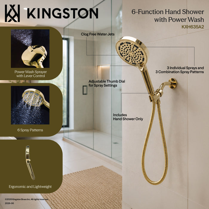 Kingston Regal KXH635A7 6-Function Hand Shower with Power Wash, Brushed Brass