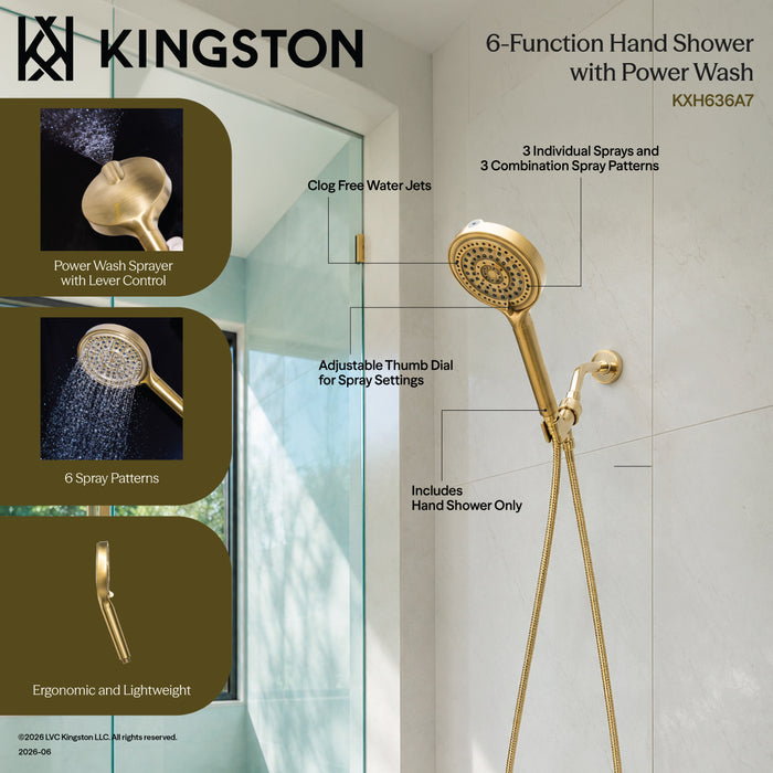 Kingston Regal KXH636A7 6-Function Hand Shower with Power Wash, Brushed Brass