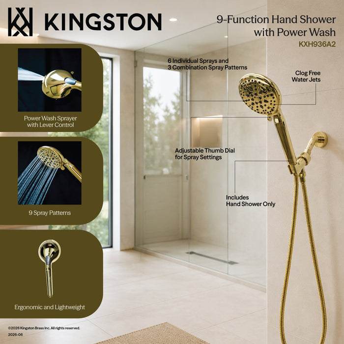 Kingston Regal KXH936A8 9-Function Hand Shower with Power Wash, Brushed Nickel