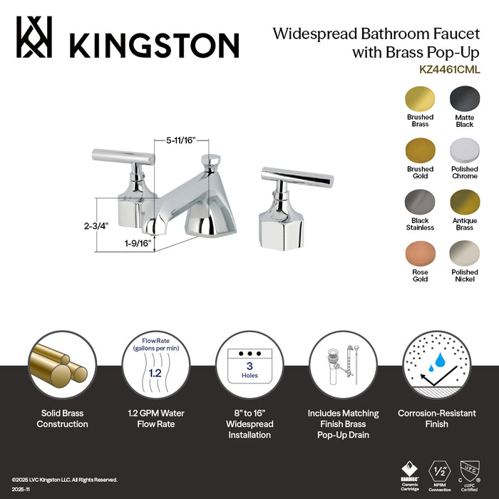 Kingston Sona KZ4461CML - Navei Two-Handle 3-Hole Deck Mount Widespread Bathroom Faucet with Brass Pop-Up, Polished Chrome
