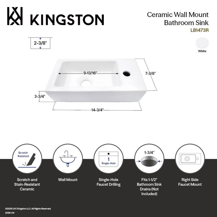 Kingston Sona LB1473R - Dibrach 14-3/4 Inch Rectangle Wall Mount Ceramic Bathroom Sink, White