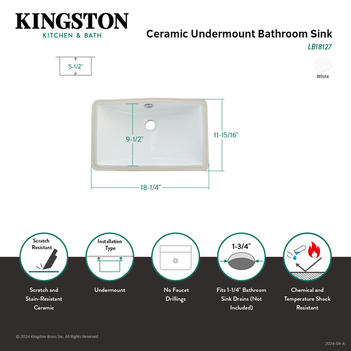 Courtyard LB18127 18-1/4 Inch Ceramic Rectangular Undermount Bathroom Sink, White