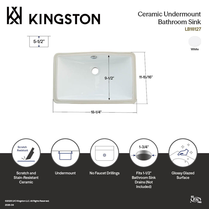 Kingston Courtyard LB18127 18-1/4 Inch Ceramic Rectangular Undermount Bathroom Sink, White