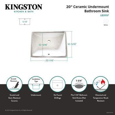 Kingston Grotto LB20157 20-Inch Ceramic Rectangular Undermount Bathroo