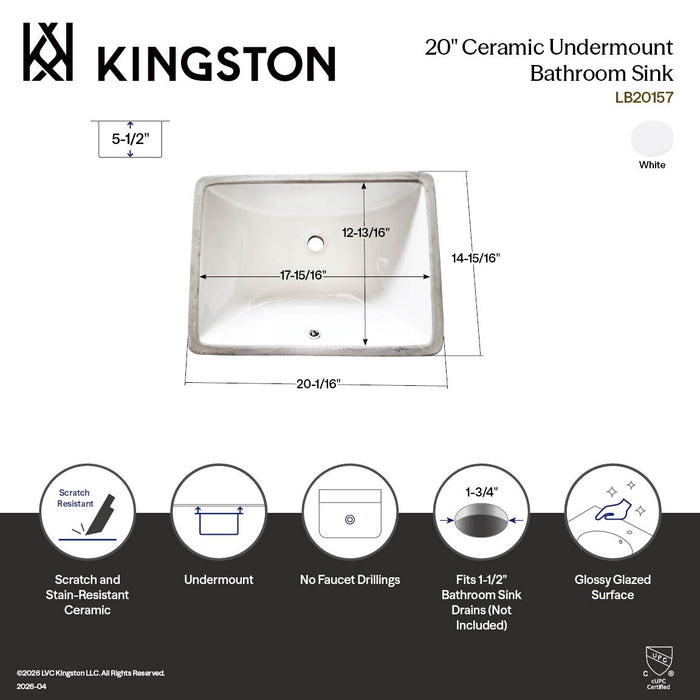Kingston Grotto LB20157 20-Inch Ceramic Rectangular Undermount Bathroom Sink, White