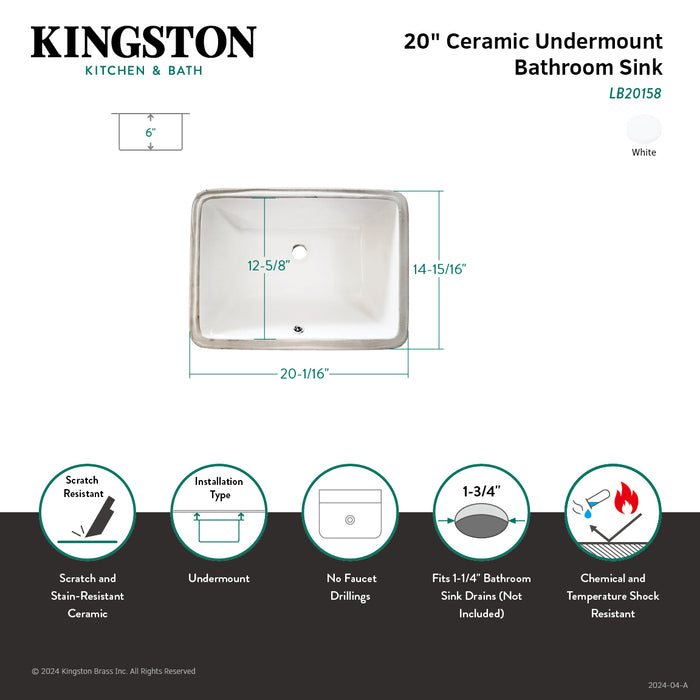Kingston Kastell LB20158 20-Inch Ceramic Rectangular Undermount Bathroom Sink, White