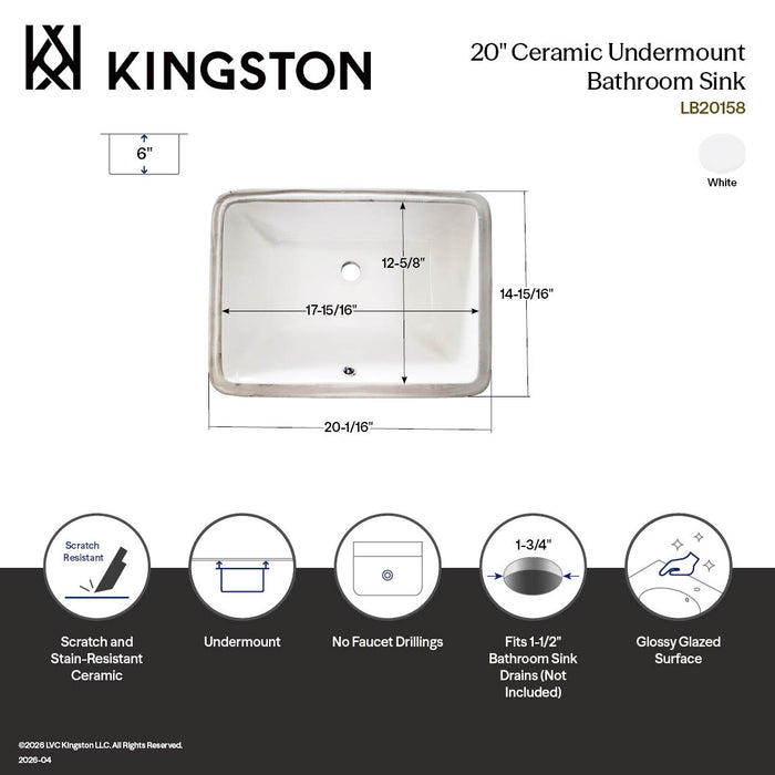 Kingston Kastell LB20158 20-Inch Ceramic Rectangular Undermount Bathroom Sink, White